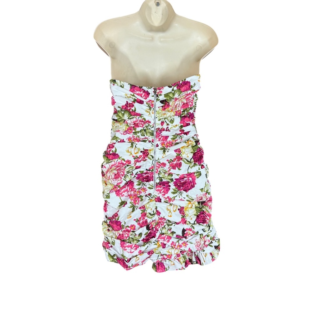 Mable Pink Floral Strapless Ruched Ruffle Mini Dress Size M - Picture 4 of 17